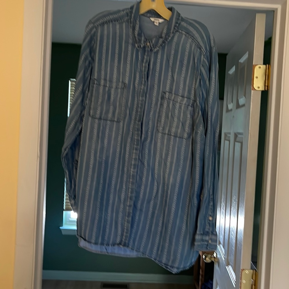 Soft denim blue and white button up shirt.
